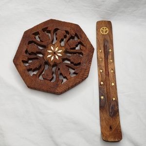 Vintage Boho Carved Trivet and Wood Incense Stick Holder India